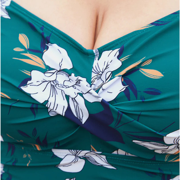 BLOOMCHIC 22-24 3x Green Floral Ruched  Crossover One Piece Swimsuit NWT 0B9 - Picture 3 of 4